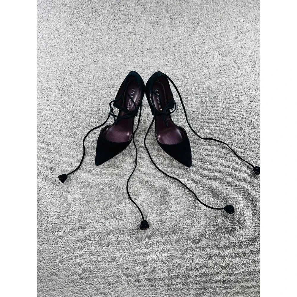 Coach‎ Pumps Women 7.5 Black Shae Lux Suede Lace Up Tassel Luxury Academia Goth